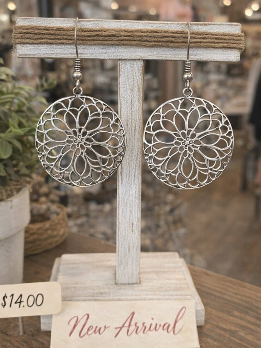 LUCKY YOU Silver Fishhook Dangle Round Filigree Pierced Earrings